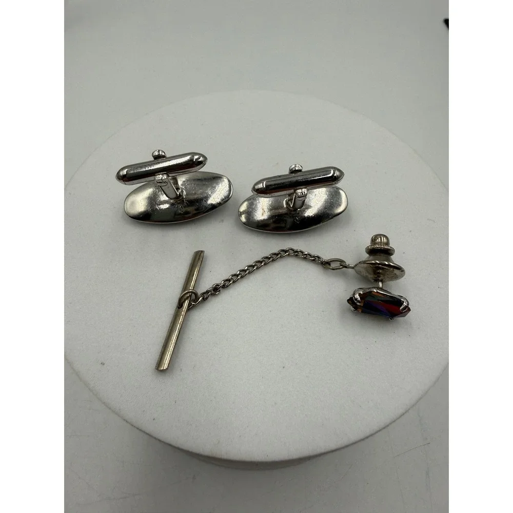 Vtg Silver Tone Iridescent Rhinestone Cufflinks and Tie Tack Set Mens Jewelry